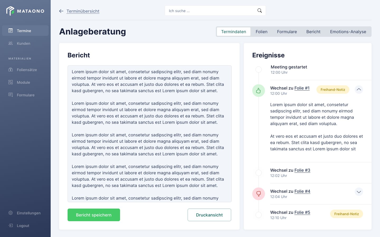 Screenshot eines Berichts für einen Termin