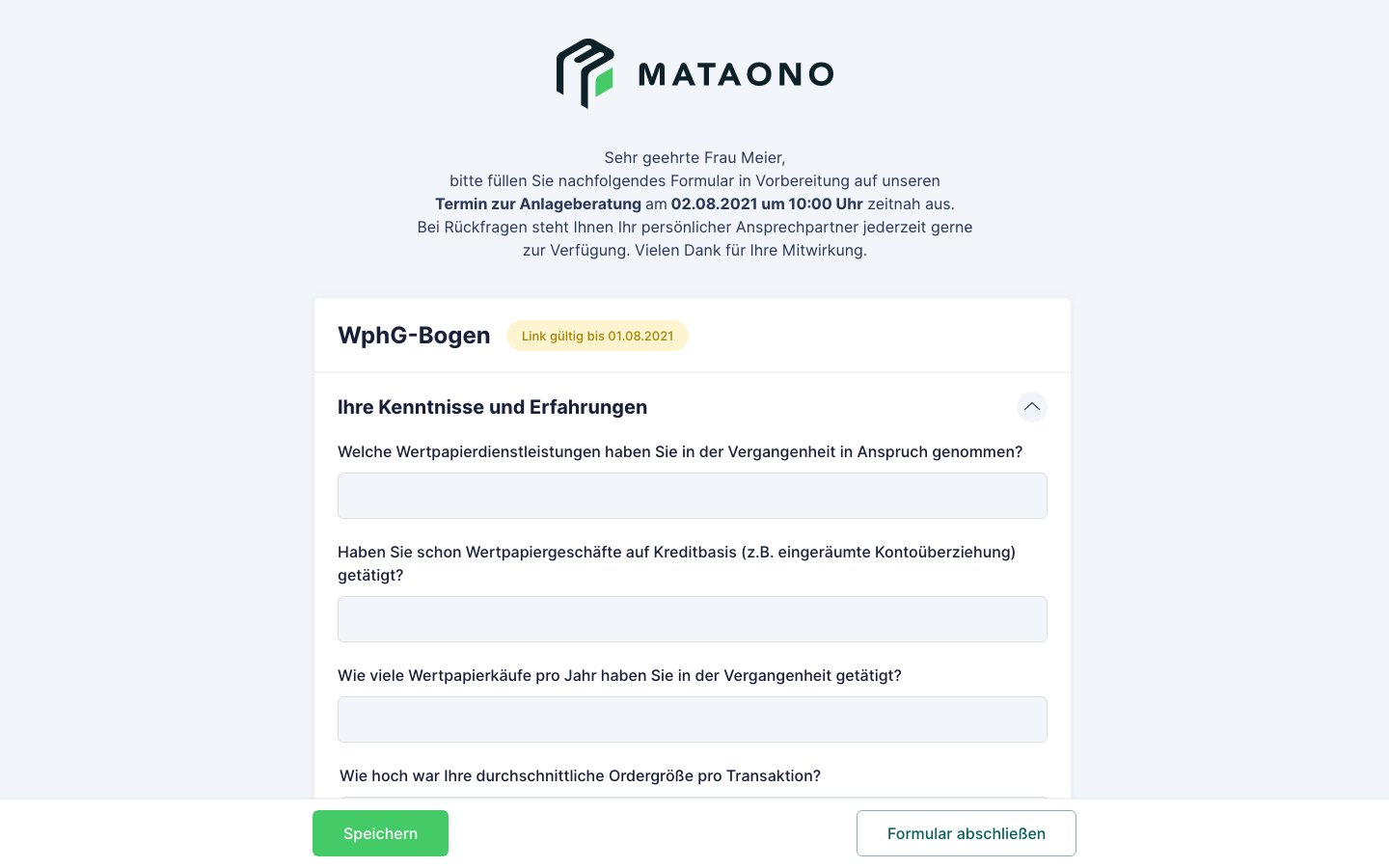 Screenshot eines WpHG-Bogens für die Kundin zum Selbst-Ausfüllen