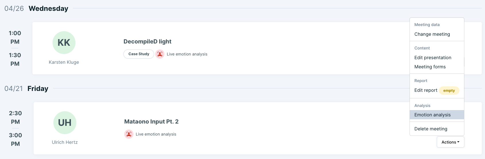 Screenshot Action menu emotion analysis