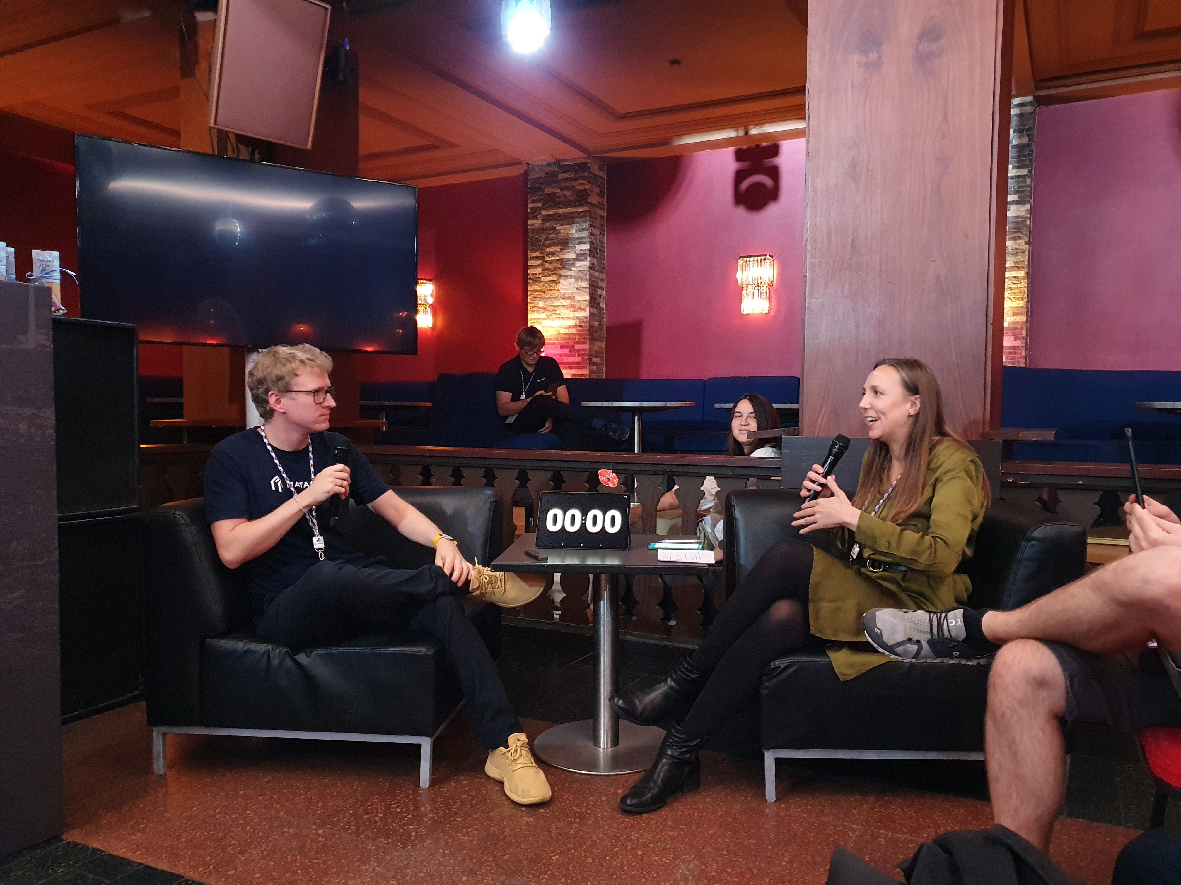 Image of Max and moderator Paula during the questions and answers session