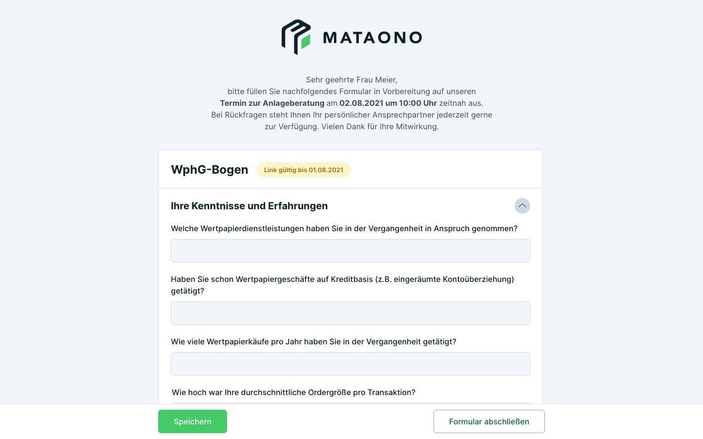 Screenshot eines WpHG-Bogens für die Kundin zum Selbst-Ausfüllen